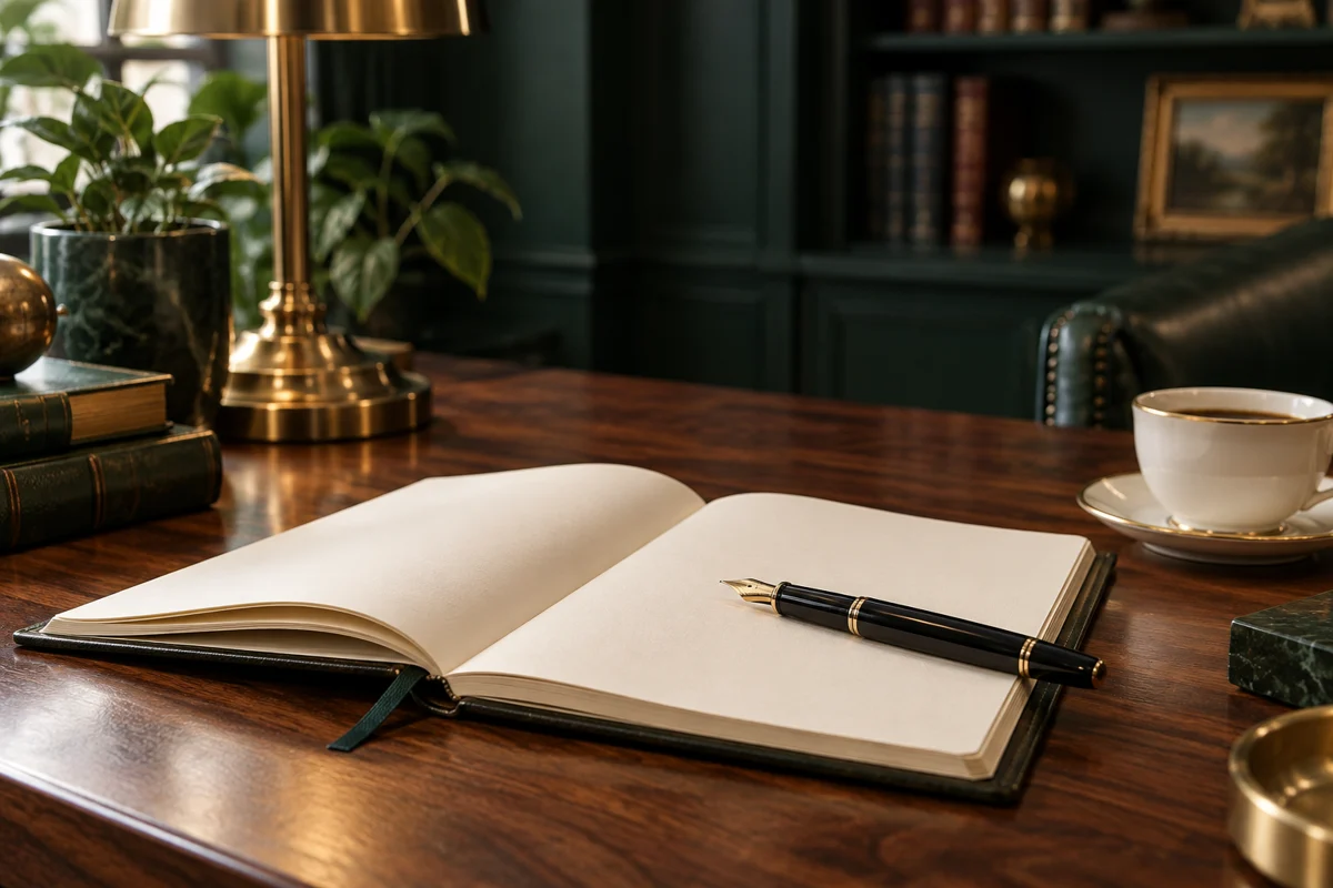 An open notebook and fountain pen on an elegant walnut desk